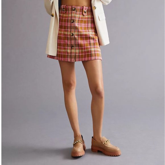 Anthropologie Maeve Button-Front Mini Skirt Pink Plaid - Medium - Picture 10 of 12